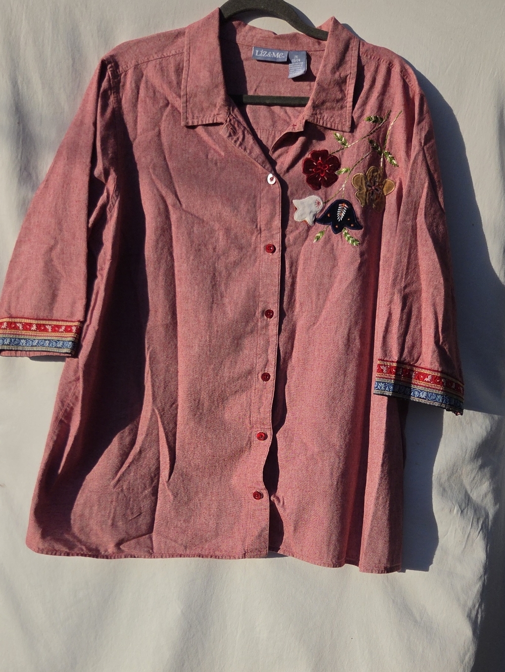Liz & Me Rose Pink Embroidered Button-Front Women's Top Sz 2x (22/24)